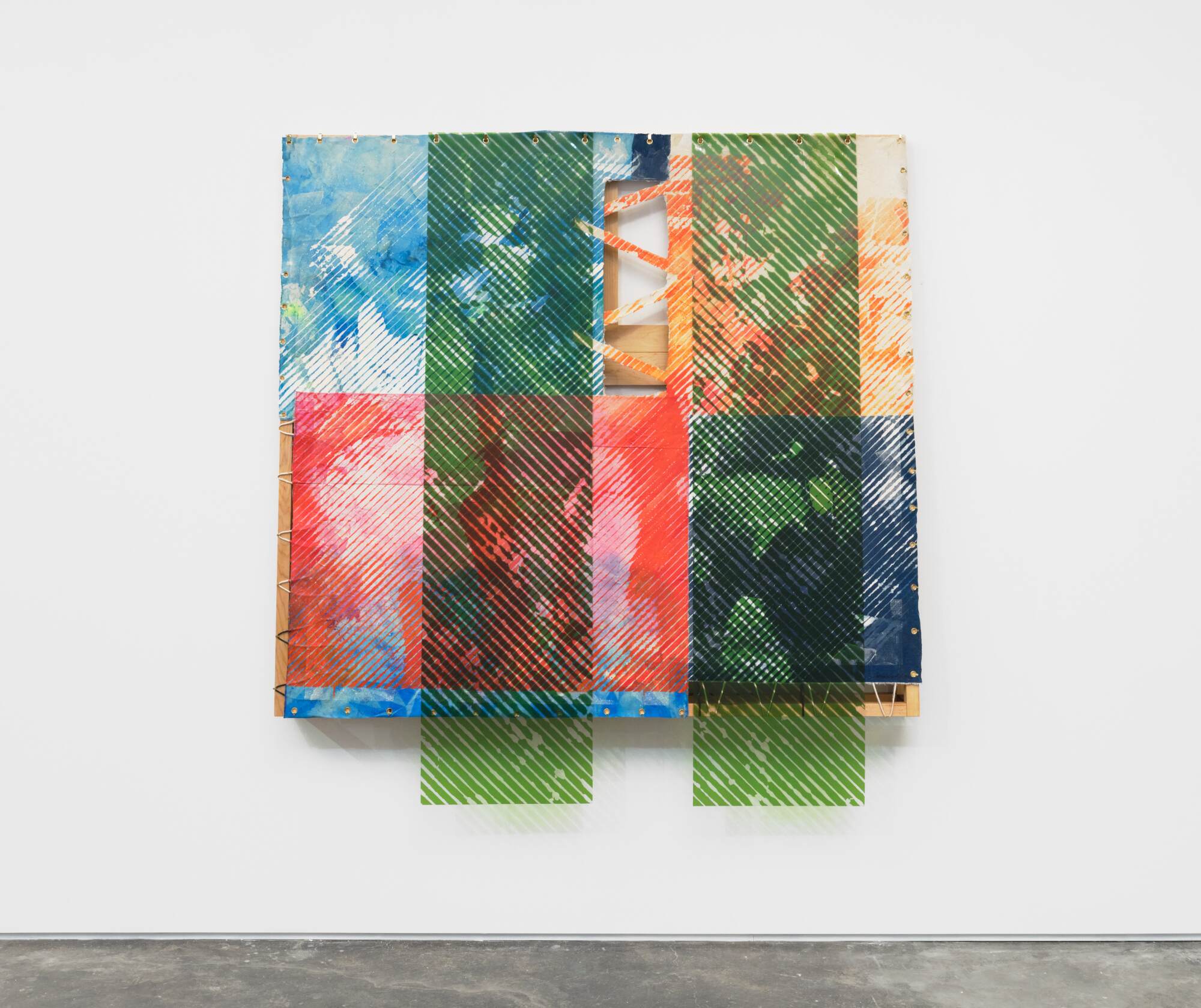 A colorful abstract painting with two large, vertical green stripes.