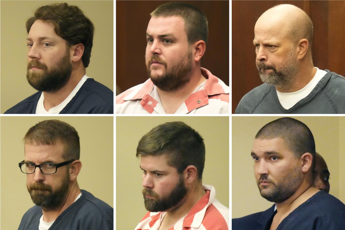 This combination of photos shows six defendants.