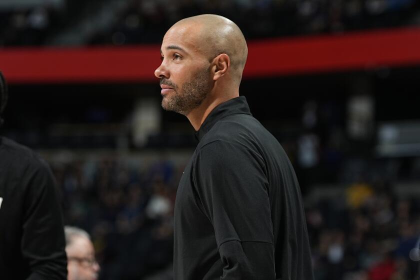 FILE - Sacramento Kings assistant coach Jordi Fernandez looks on, in the first half of an NBA basketball game Wednesday, Feb. 28, 2024, in Denver. Fernandez was hired Monday, April 22, 2024 as coach of the Brooklyn Nets, who are looking to bounce back after missing the playoffs for the first time in six years. (AP Photo/David Zalubowski, File)