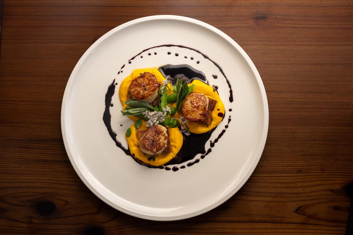Seared Scallops at Cafe Beaujolais in Mendocino, California, on Tuesday, May 20, 2025. (Bryan Meltz / For The Times)