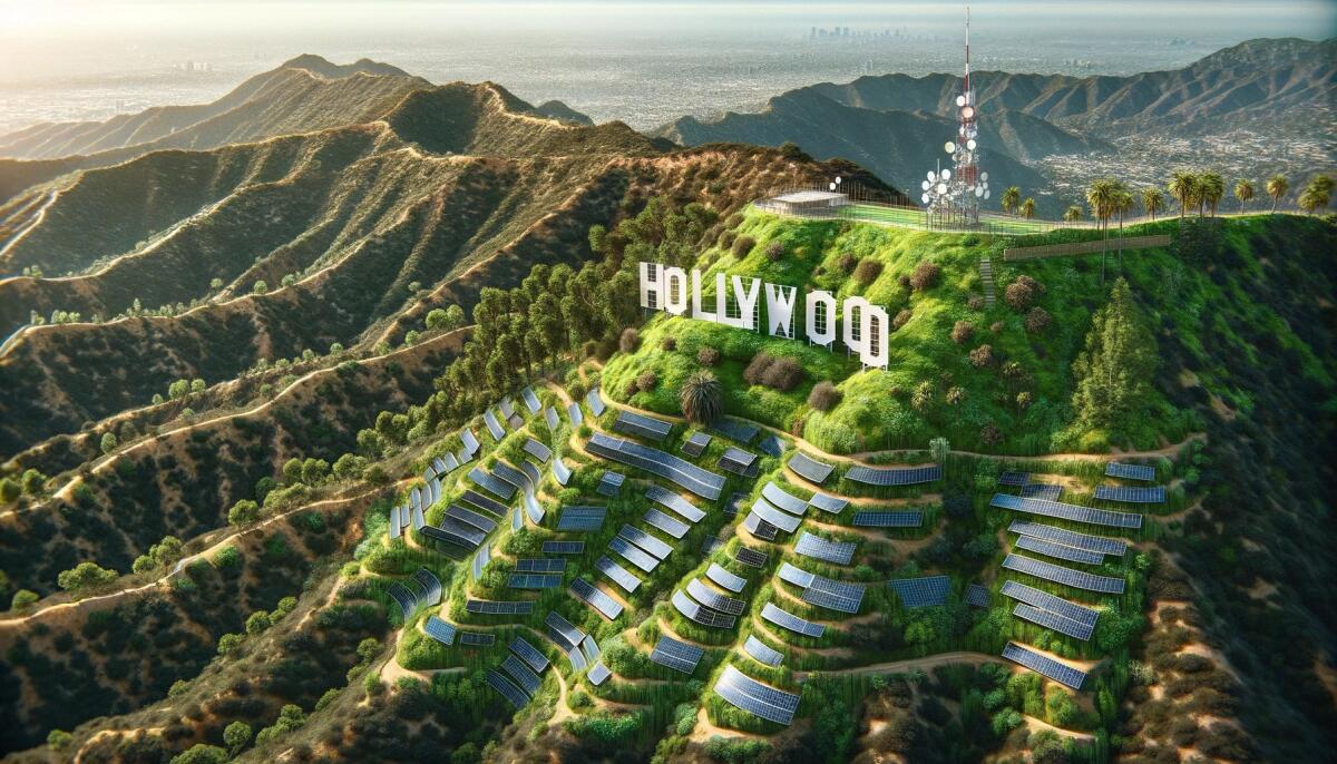 An AI-generated image of solar panels below the Hollywood sign.