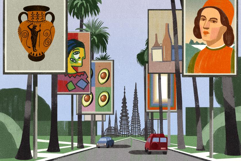 Illustration of works of art on billboards along LA boulevard