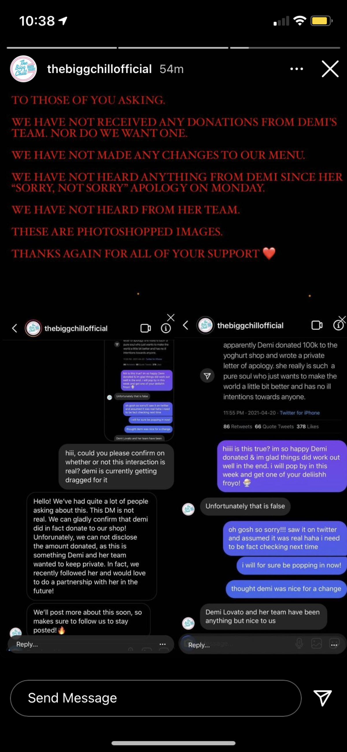 A screenshot of text from the Bigg Chill's Instagram story.