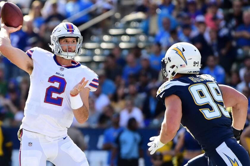 CARSON, CA - NOVEMBER 19: Nathan Peterman #2 of the Buffalo Bills throws a pass during the first quarter of the game against the Los Angeles Chargers at the StubHub Center on November 19, 2017 in Carson, California. (Photo by Harry How/Getty Images) ** OUTS - ELSENT, FPG, CM - OUTS * NM, PH, VA if sourced by CT, LA or MoD **