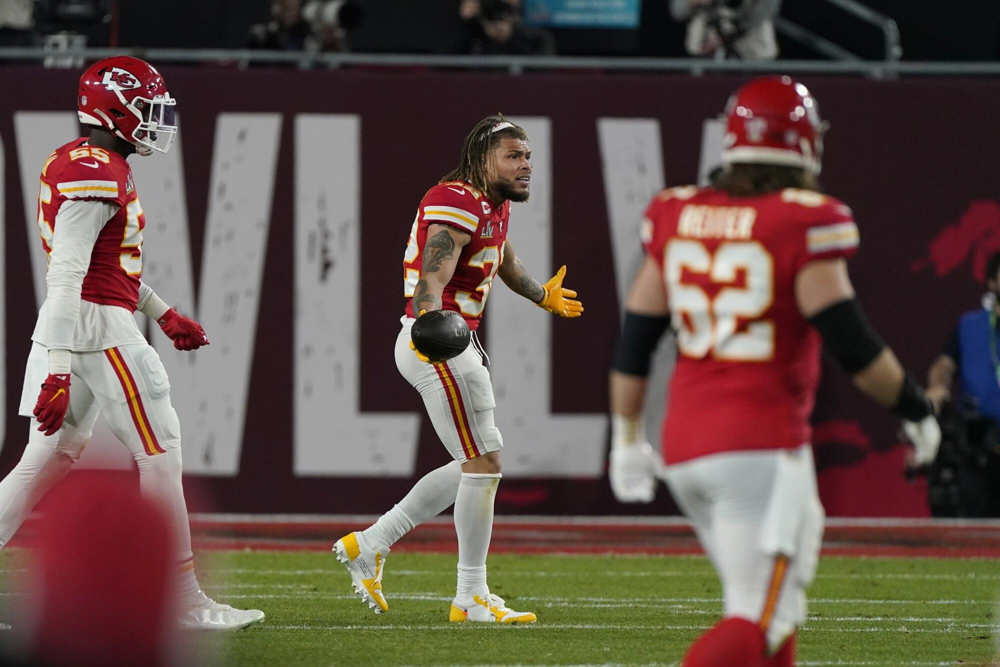 Kansas City Chiefs safety Tyrann Mathieu reacts after an interception was called back for a penalty.