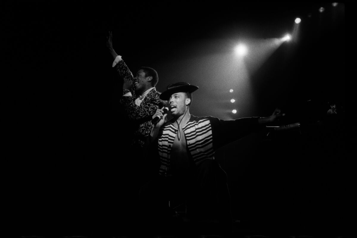 Whodini's John "Ecstasy" Fletcher, center, performing at the Hammersmith Odeon in London in 1986.