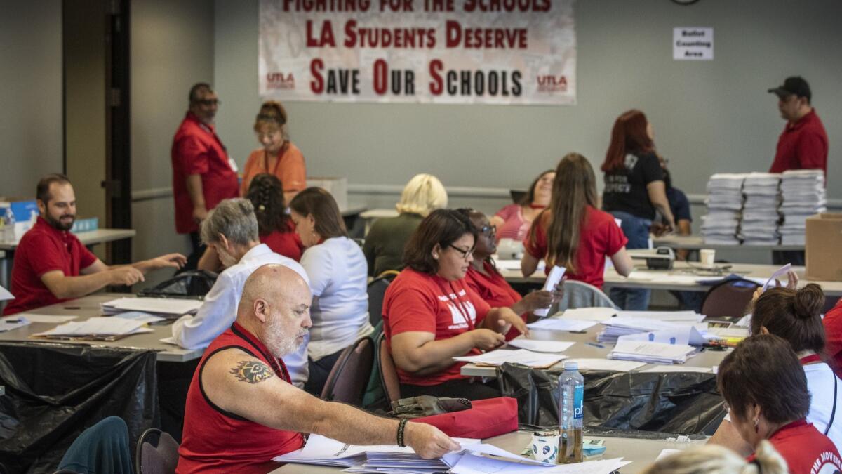 United Teachers Los Angeles volunteers prepare strike-authorization ballots last month.