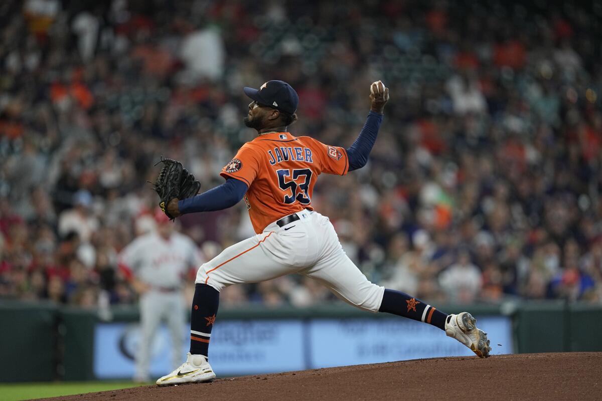 Houston Astros starter Cristian Javier pitches against the Angels on July 1, 2022.