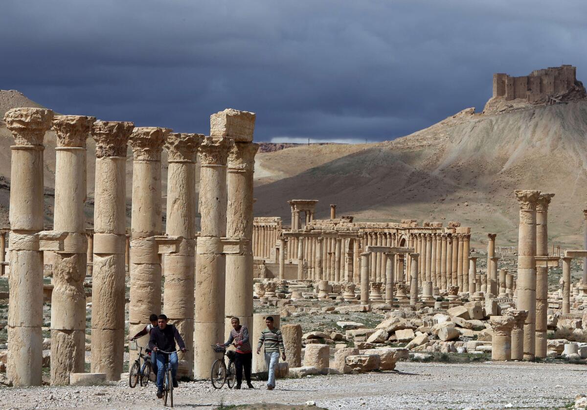 Syrians ride their bicycles in the ancient city of Palmyra in March 2014. Islamic State fighters have recently entered the city, raising fears that ancient architectural colonnades and other cultural treasures could be endangered.