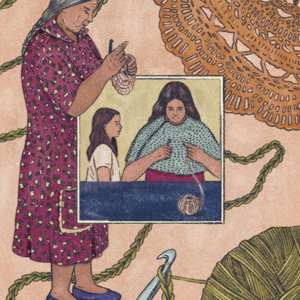 illustration of an elderly lady crocheting 