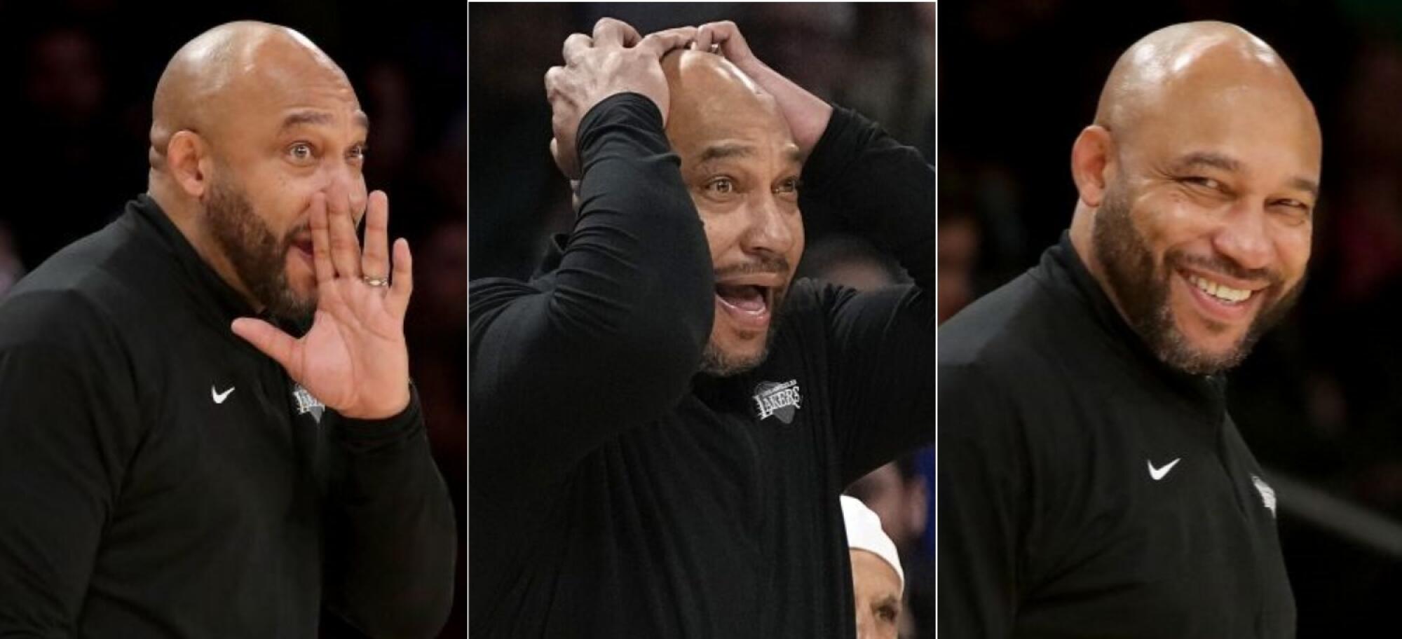 Three photos showing the reactions of Lakers coach Darvin Ham along the sideline.