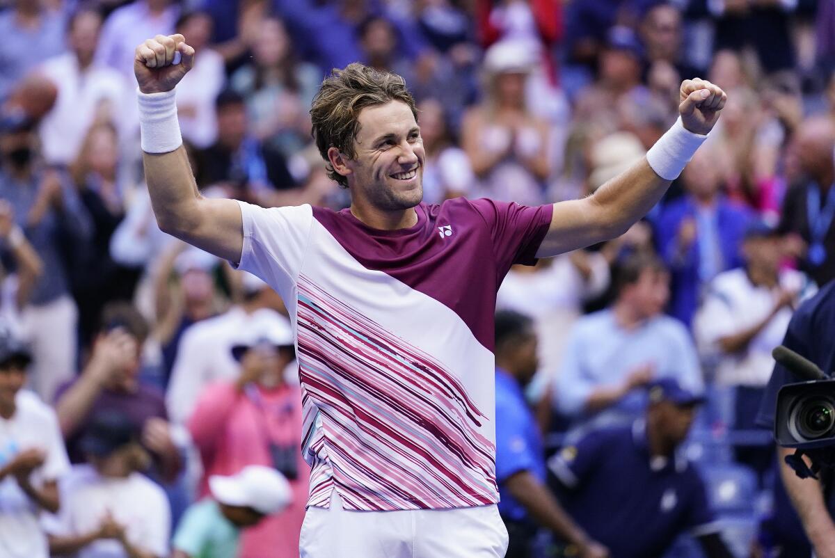 Casper Ruud rejoices after he beat Karen Khachanov 7-6 (5), 6-2, 5-7, 6-2 in the U.S. Open semifinals Sept. 9, 2022.