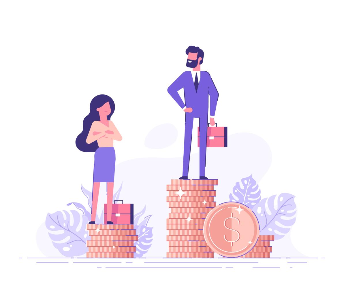 A woman and a man standing on different levels of coins.