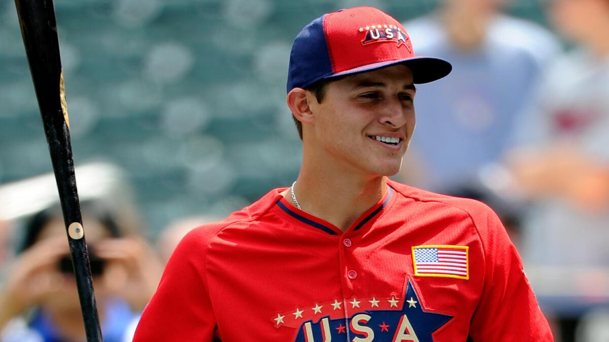 Dodgers prospect Corey Seager looks on during batting practice before the Futures Game at Target Field in Minneapolis on Sunday. Seager has had a strong season playing for Class-A Rancho Cucamonga in the California League.