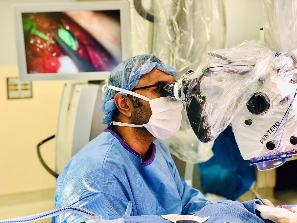 Dr. Manish Champaneria performs the first vascular lymph node transfer microsurgery Oct. 4 at Scripps Green Hospital in Torrey Pines