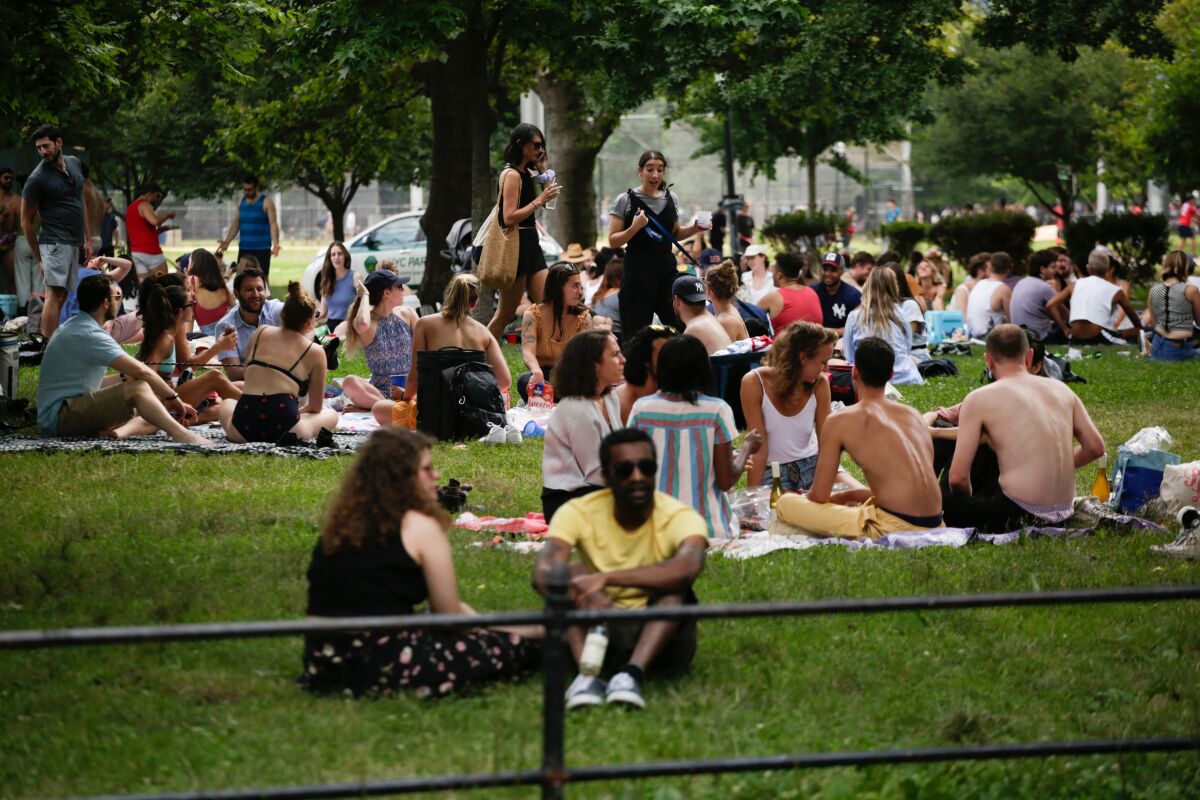 People gather in McCarren Park during the US Independence Day.