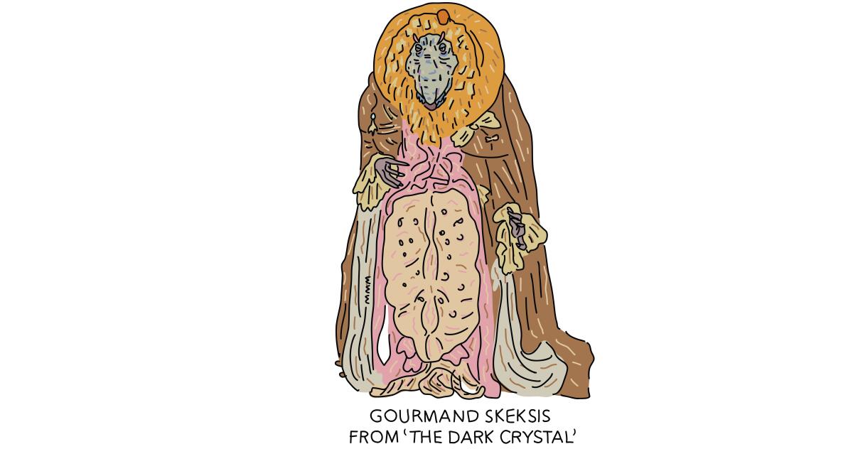 Illustration of Gourmand Skeksis from "The Dark Crystal"