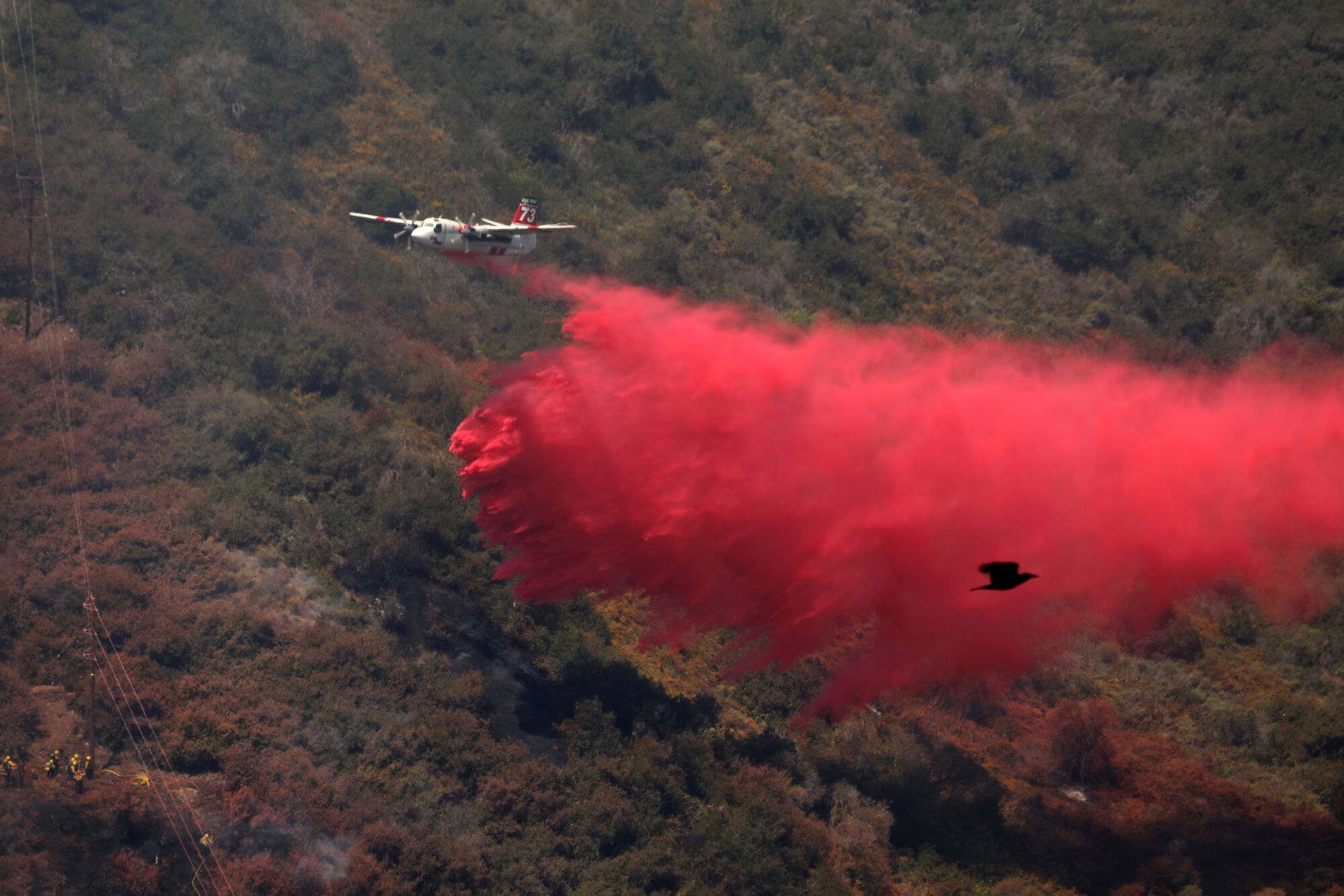 A plane make a fire retardant drop on a hillside in Laguna Niguel to put out ambers from the Coastal fire.