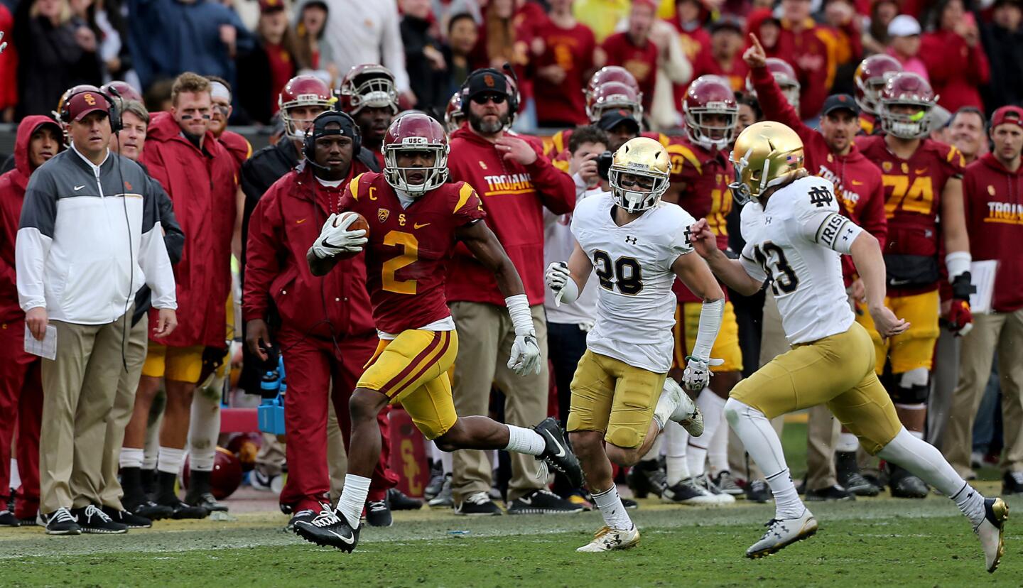 USC defensive back Adoree' Jackson returns a kickoff 97 yards for a touchdown against Notre Dame during the third quarter.