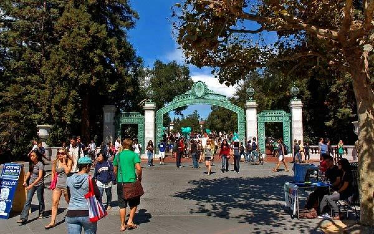 Cal students pass through Sather Gate at UC Berkeley.