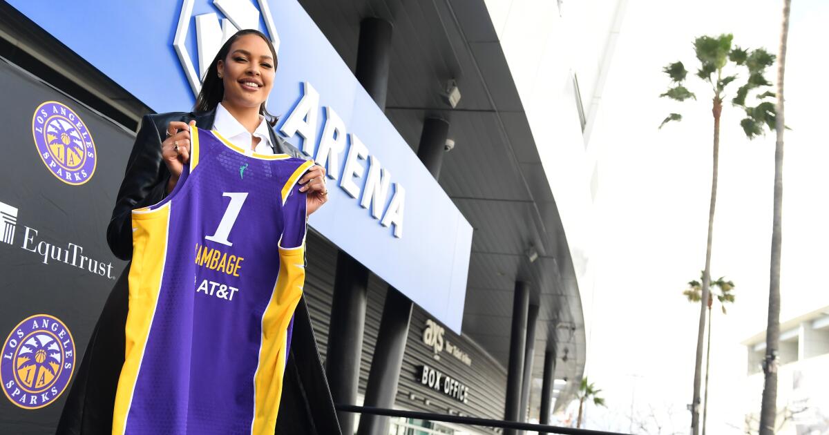 Liz Cambage poses with Los Angeles Sparks jersey during press