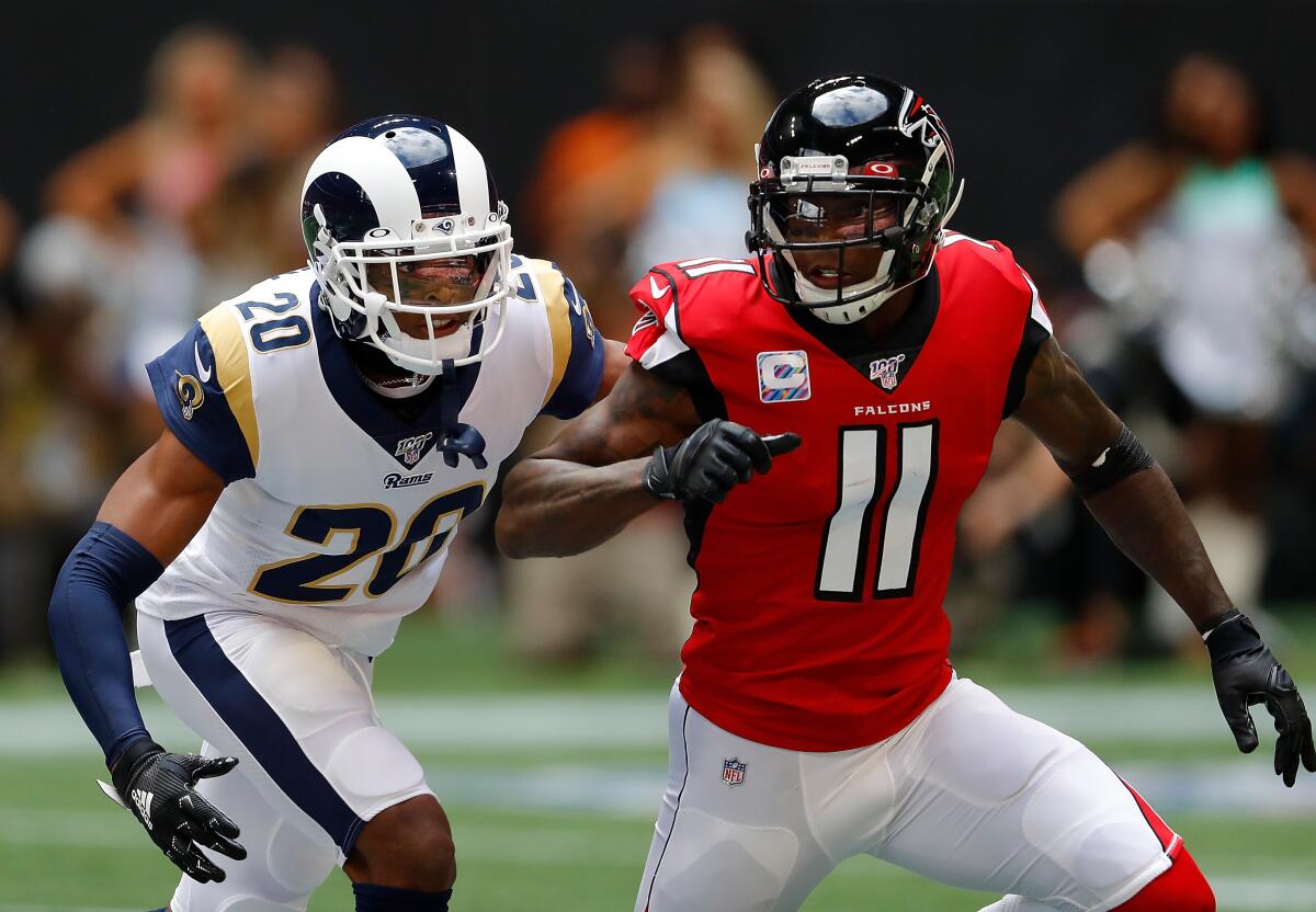 Rams cornerback Jalen Ramsey covers Falcons receiver Julio Jones on Oct. 20, 2019.