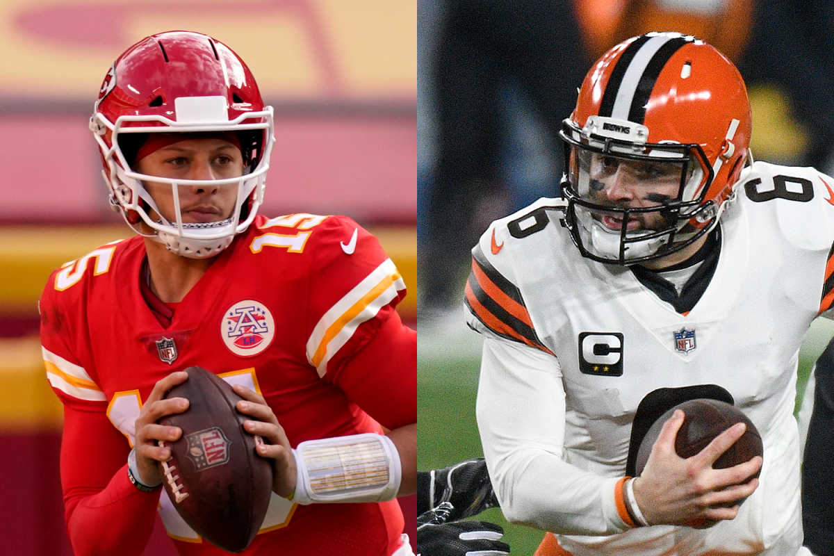 Kansas City Chiefs quarterback Patrick Mahomes, left, and Cleveland Browns quarterback Baker Mayfield.