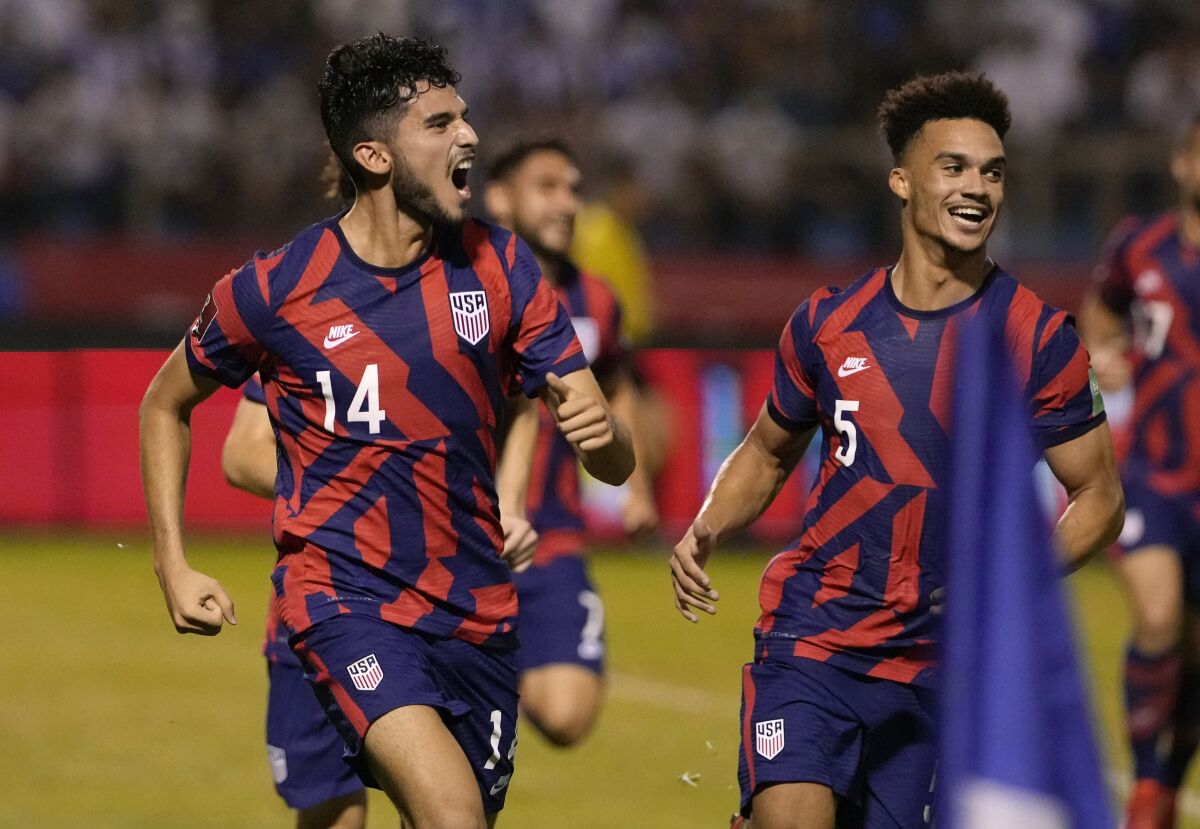 United States' Ricardo Pepi celebrates scoring his team's second goal against Honduras.
