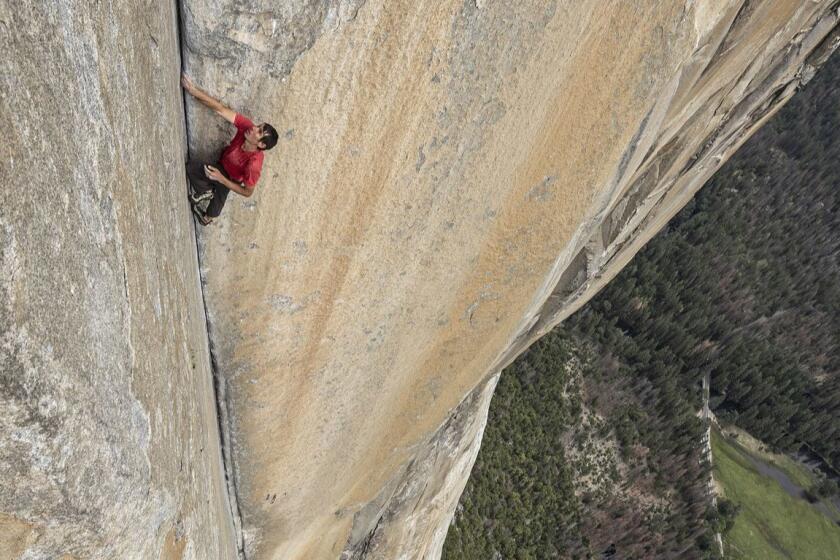 Still from the movie Free Solo. Alex Honnold free-soloing El Capitan. (National Geographic/Jimmy Chin)