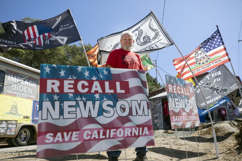 JACKSON, CA - SEPTEMBER 01: Ed Brown, who works at a flag store in Sutter Creek, says he was bothered by Gov. Gavin Newsom's hypocrisy of visiting the French Laundry restaurant during the pandemic while many businesses closed, and is what pushed him to recall the governor. Amador County, per capita, had the most signatures on petitions to recall Gov. Gavin Newsom. Photographed on Wednesday, Sept. 1, 2021 in Sutter Creek, CA. (Myung J. Chun / Los Angeles Times)