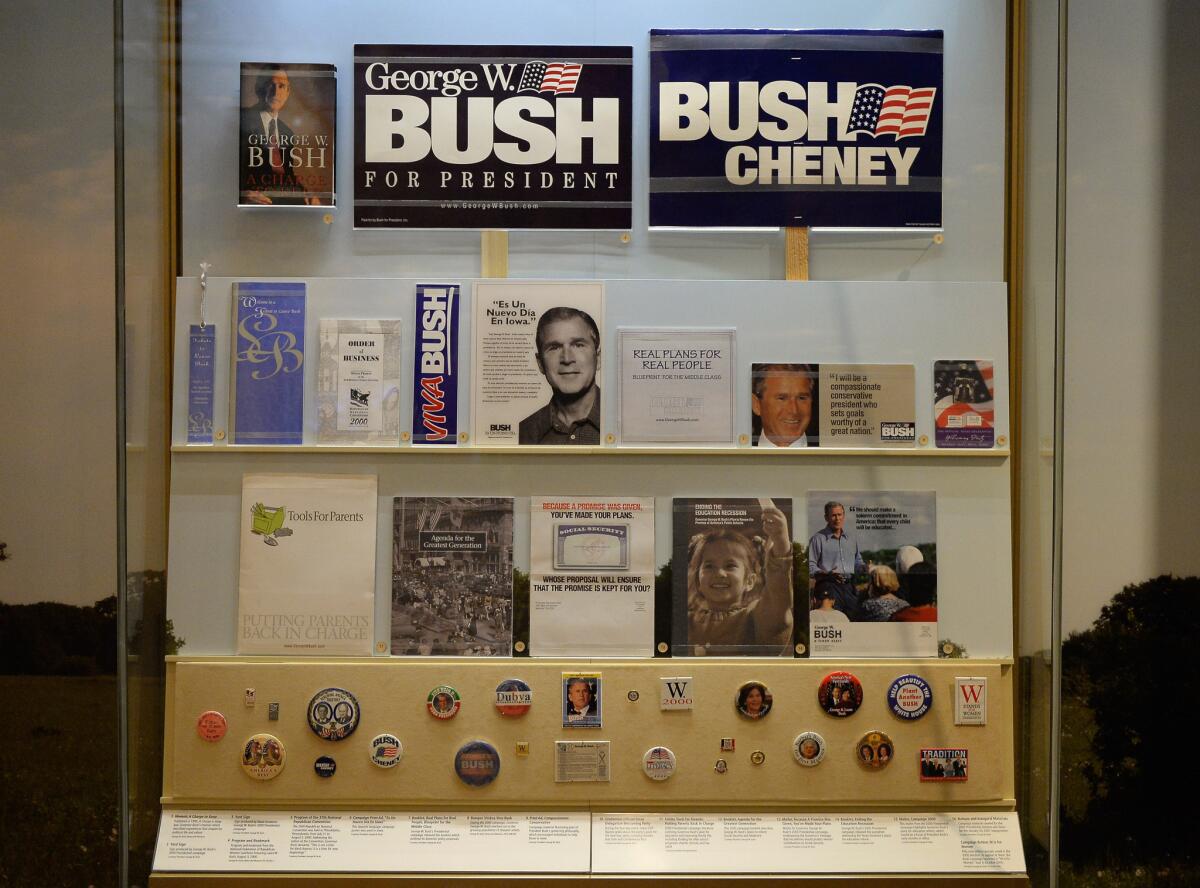 A display of presidential campaign memorabilia is seen at the George W. Bush Presidential Center on the campus of Southern Methodist University in Dallas, Texas.