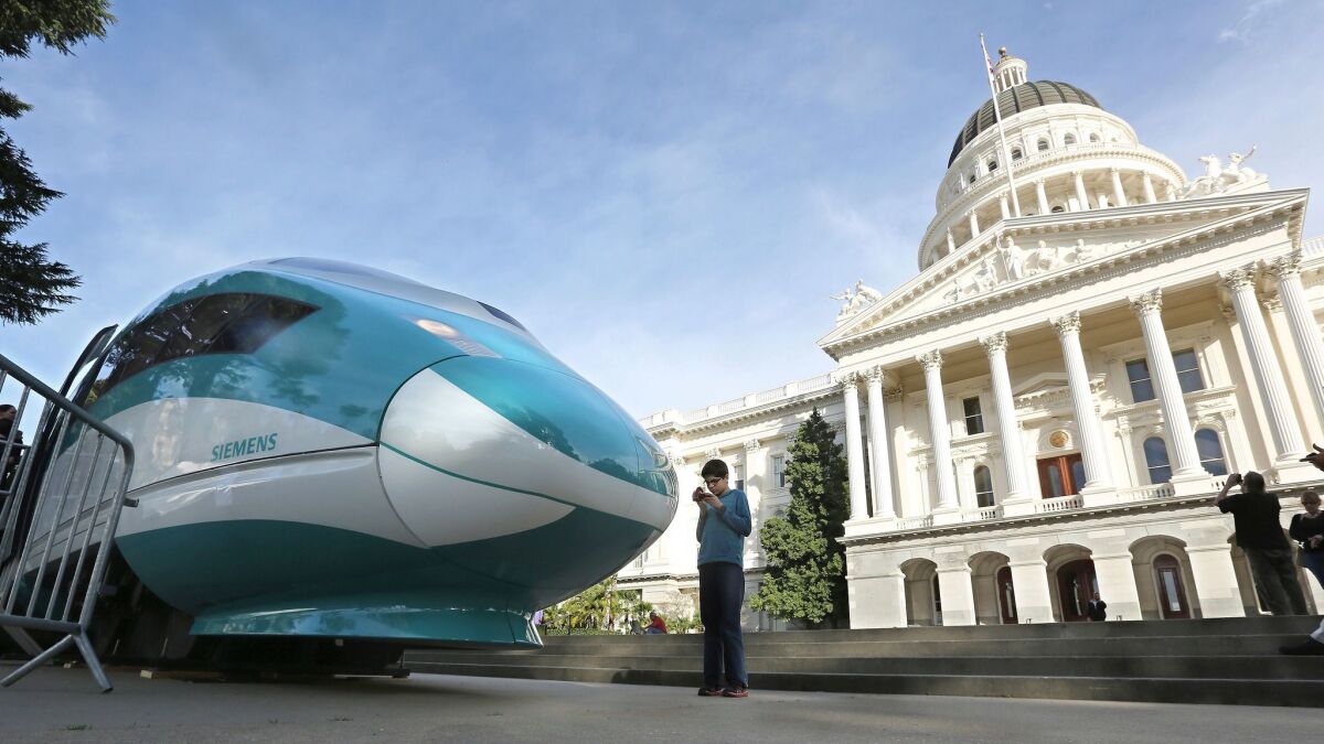 A full-scale mock-up of a high-speed train is displayed at the Capitol in Sacramento, Calif. on Feb. 26, 2015.