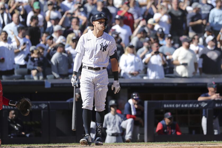 New York Yankees' Aaron Judge gets set to bat against the Boston Red Sox during the fifth inning of a baseball game Saturday, Sept. 24, 2022, in New York. (AP Photo/Jessie Alcheh)