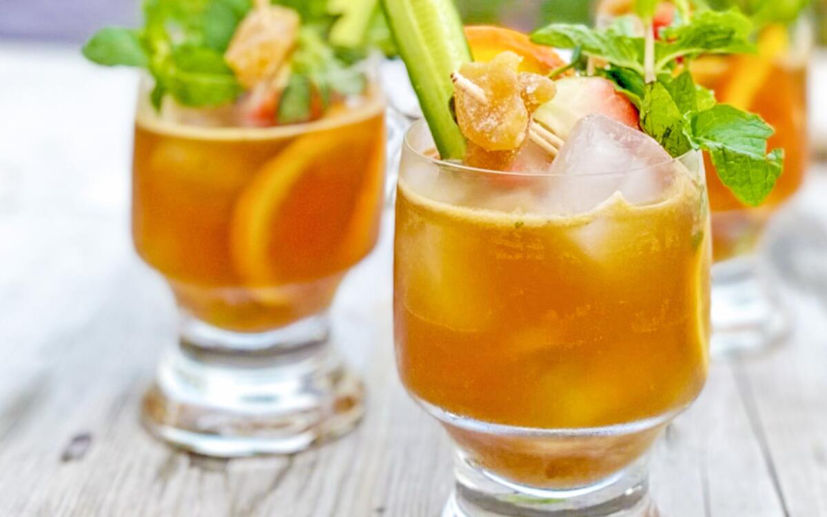 The California Winter Pimm's Cup, with a variety of garnishes. 
