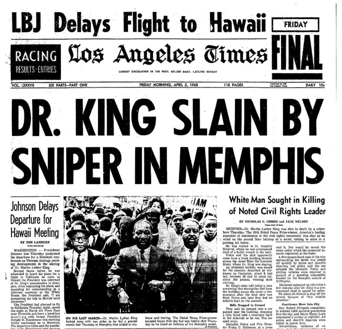 The front page of the Los Angeles Times the day after Dr. Martin Luther King Jr. was shot and killed in Memphis.