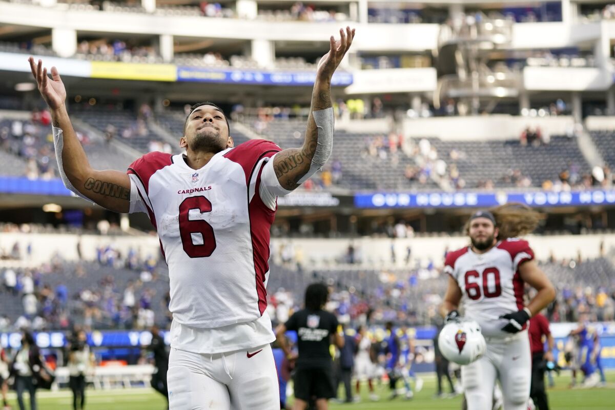 Arizona Cardinals running back James Conner (6) runs off the field after a win over the Los Angeles Rams during an NFL football game Sunday, Oct. 3, 2021, in Inglewood, Calif. (AP Photo/Jae C. Hong)
