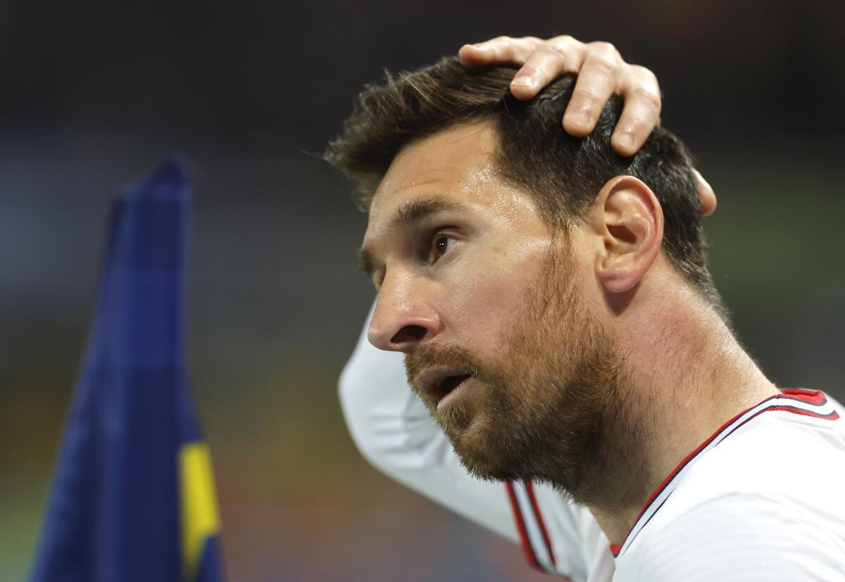 PSG's Lionel Messi reacts during the