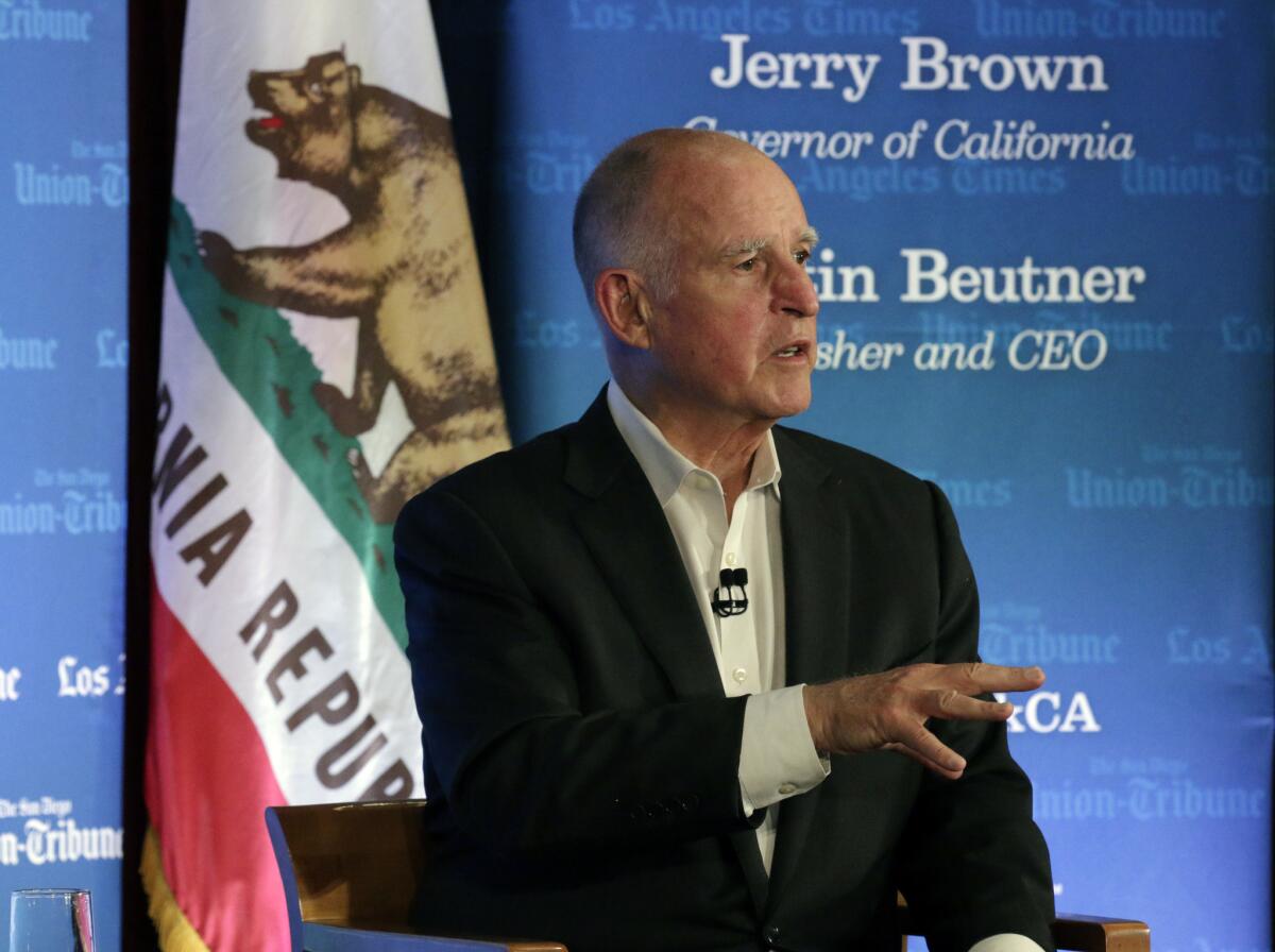 Gov. Jerry Brown talks during "Water in the West," a discussion about the California drought held at USC on Tuesday night.