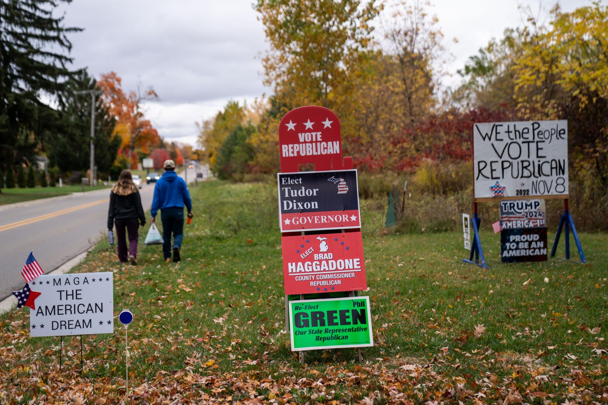 Signs supporting Republican candidates are seen in the front yard of Linda Ostrander.