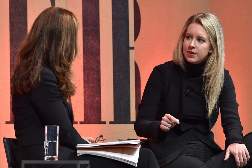 SAN FRANCISCO, CA - OCTOBER 06: NBC News Special Anchor Maria Shriver (L) and Theranos Founder and C.E.O. Elizabeth Holmes speak onstage during "True BloodÂDiagnostics in the New Age" at the Vanity Fair New Establishment Summit at Yerba Buena Center for the Arts on October 6, 2015 in San Francisco, California. (Photo by Mike Windle/Getty Images for Vanity Fair) ** OUTS - ELSENT, FPG, CM - OUTS * NM, PH, VA if sourced by CT, LA or MoD **