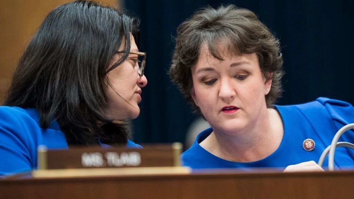 Rep. Katie Porter, right, speaks with Rep. Rashida Tlaib at a House Financial Services Committee hearing last March.
