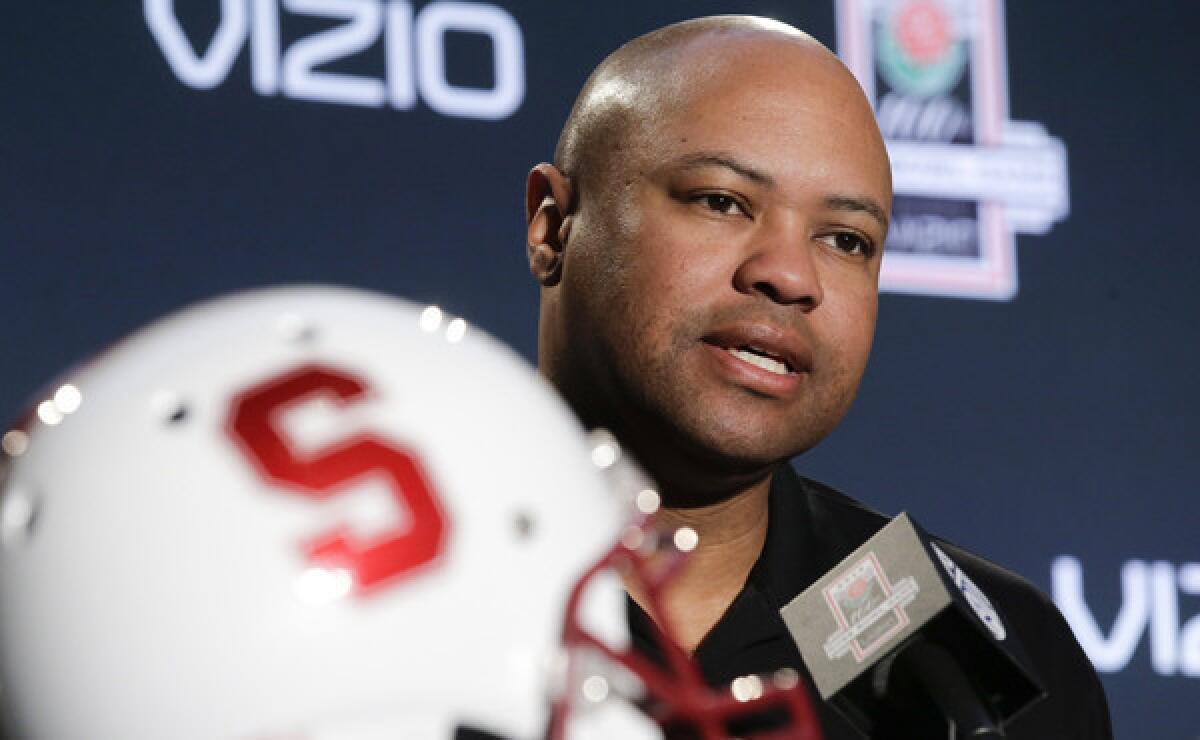 Stanford Coach David Shaw speaks to reporters during a news conference in Los Angeles on Monday. Shaw says he isn't planning to interview for any NFL coaching vacancies.