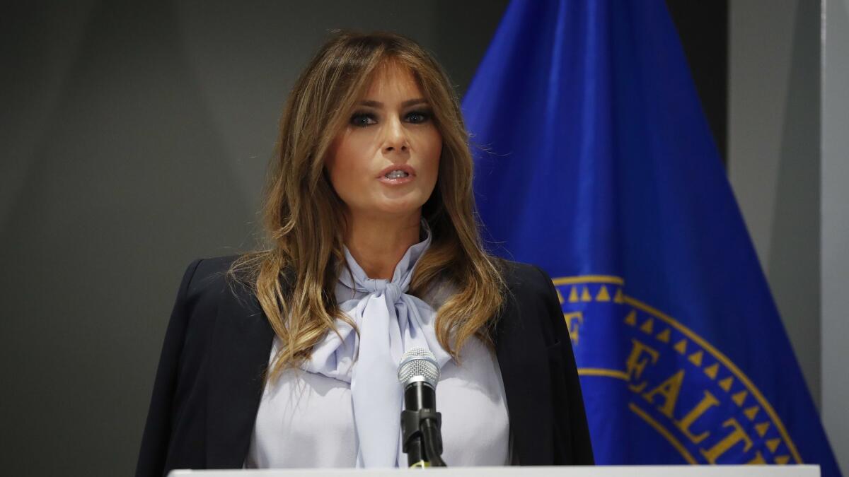 First Lady Melania Trump speaks at a summit on bullying in Rockville, Md., on Monday.