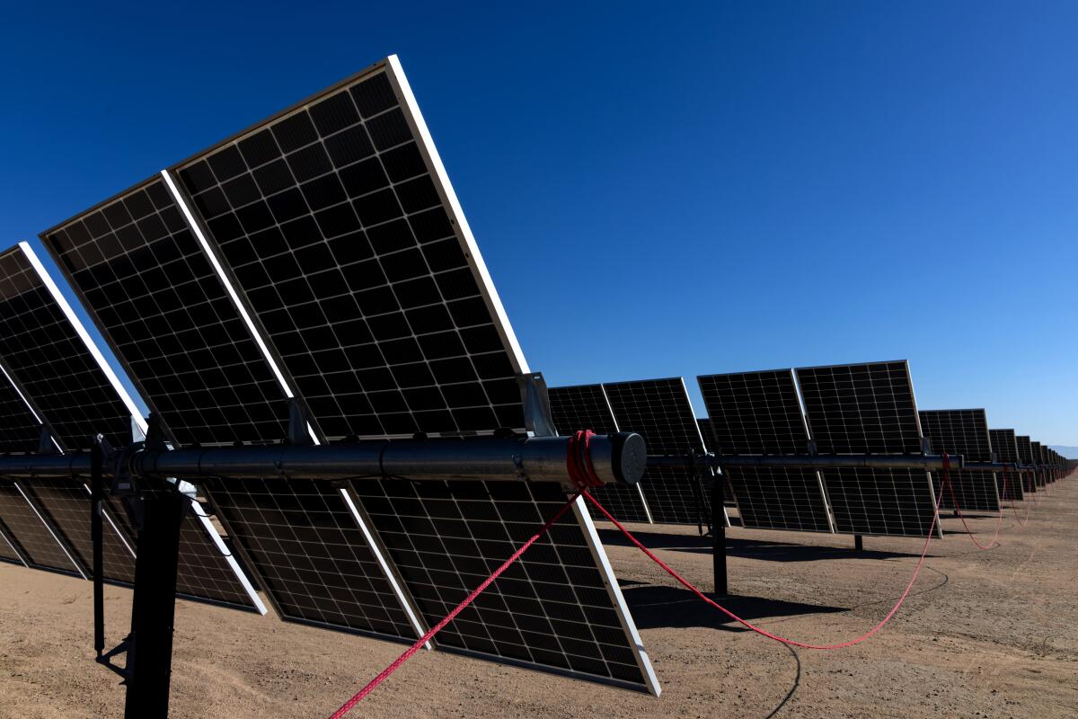 Solar panels at Clearway Energy's newly built Daggett solar-plus-storage facility in San Bernardino County on Oct. 18.