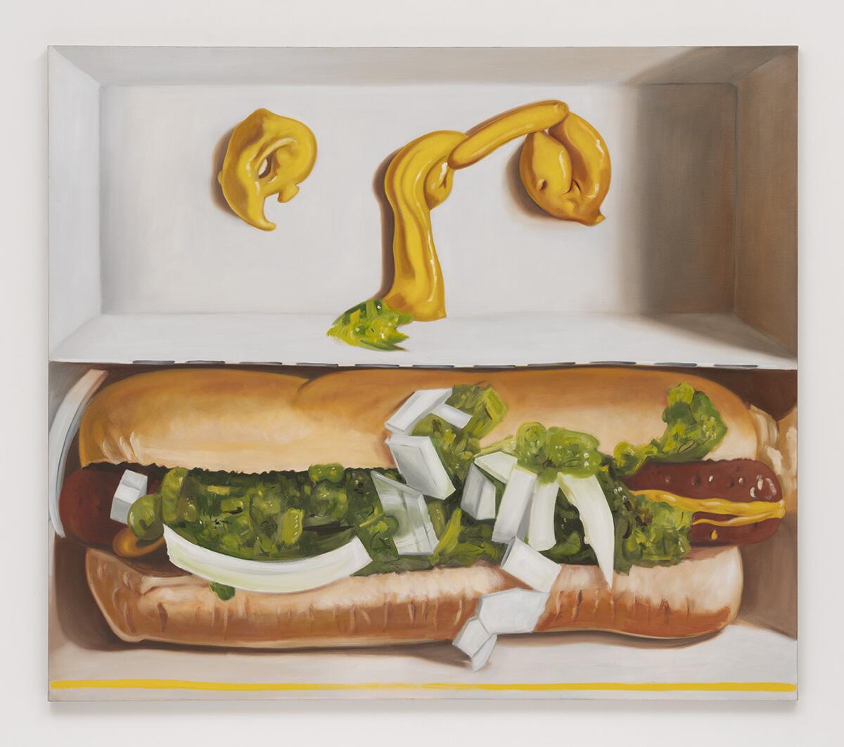 A painting shows a hot dog smothered in relish with eyes drawn in bright yellow mustard