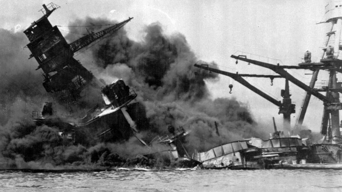 Smoke billows from the USS Arizona after the Japanese attack on Pearl Harbor on Dec. 7, 1941.