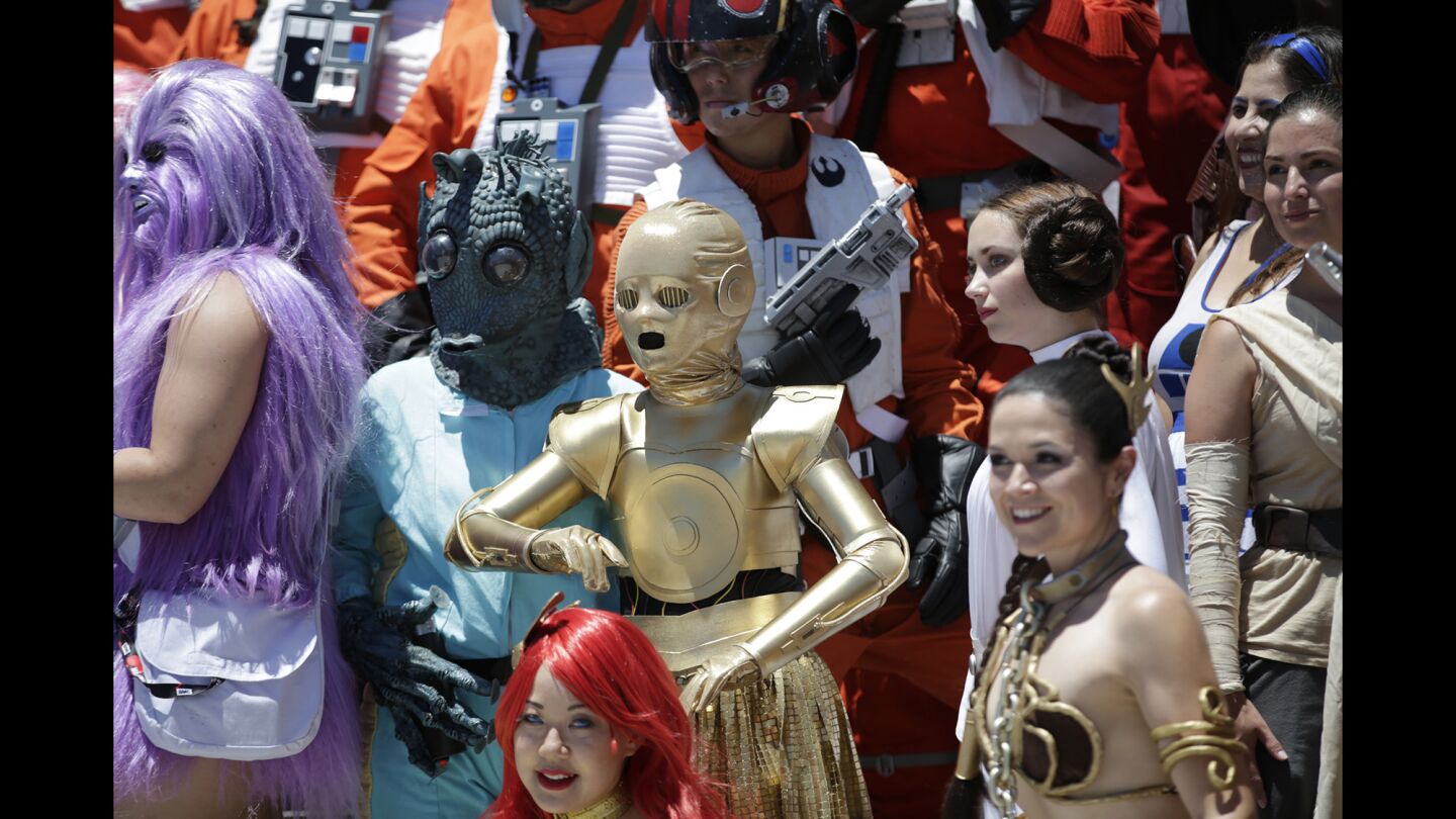 Dozens of Star Wars cosplayers gather for a group photo at Comic-Con 2016 at the San Diego Convention Center.