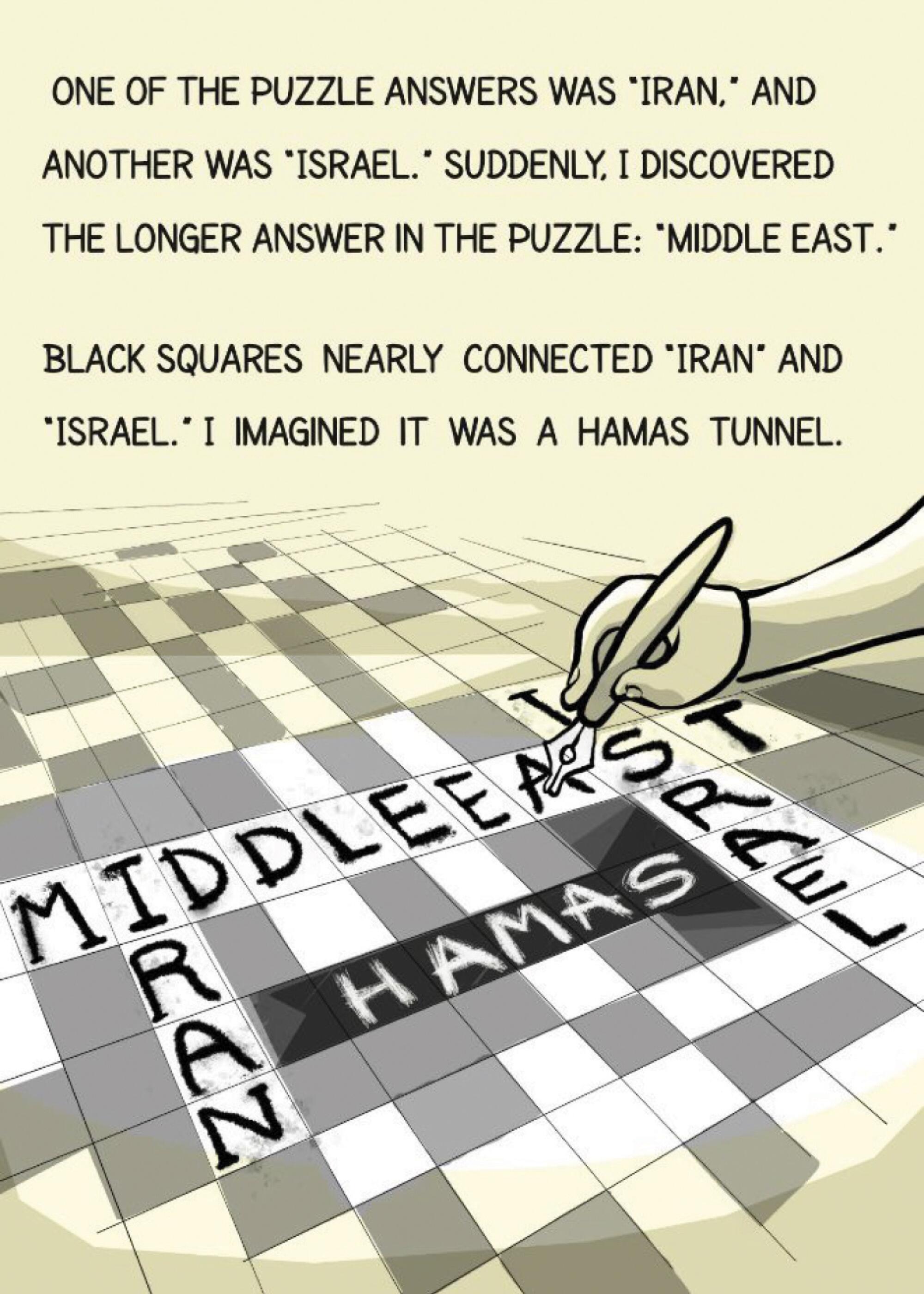 Puzzle answers were "Iran" and "Israel" and "Middle East." Squares connected "Iran" and "Israel." I imagined a hamas tunnel.