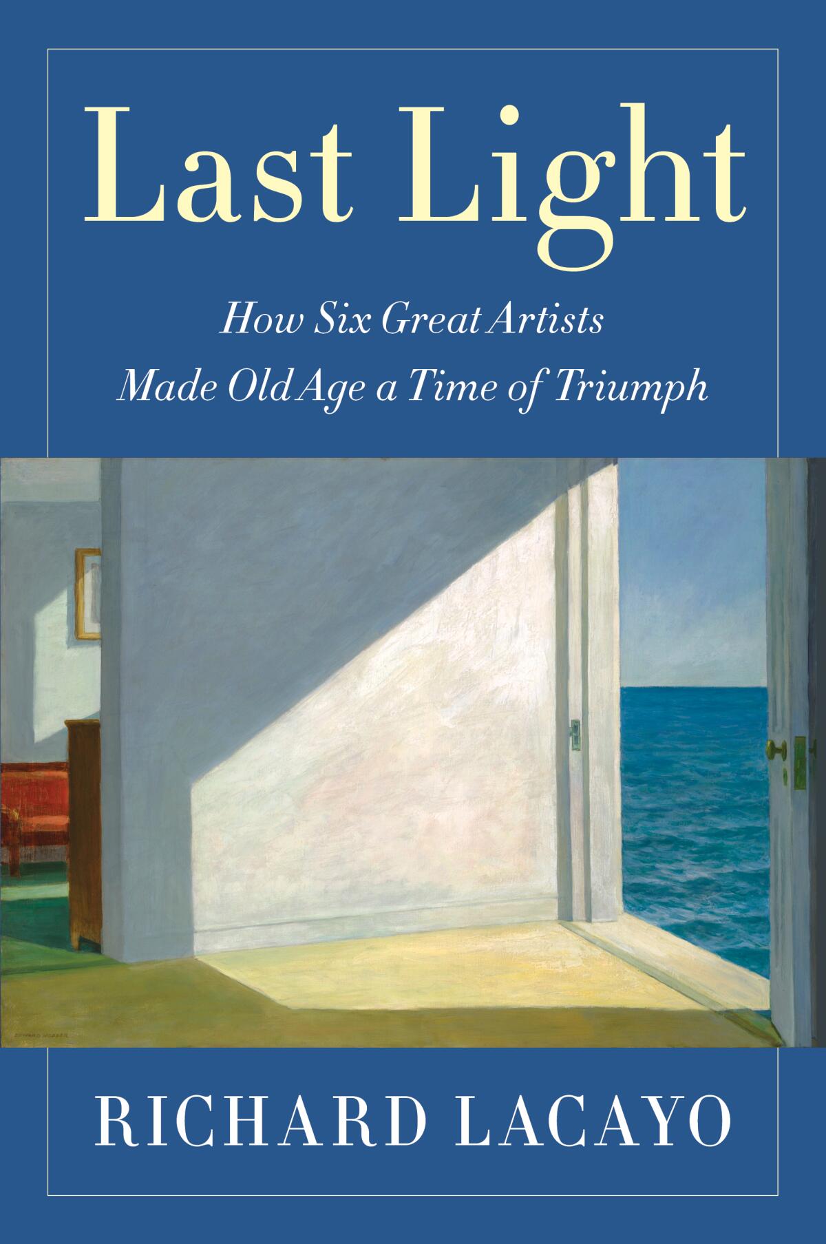 A blue book cover shows a painting by Edward Hopper in which a shafts of light enter a room through a door and a window