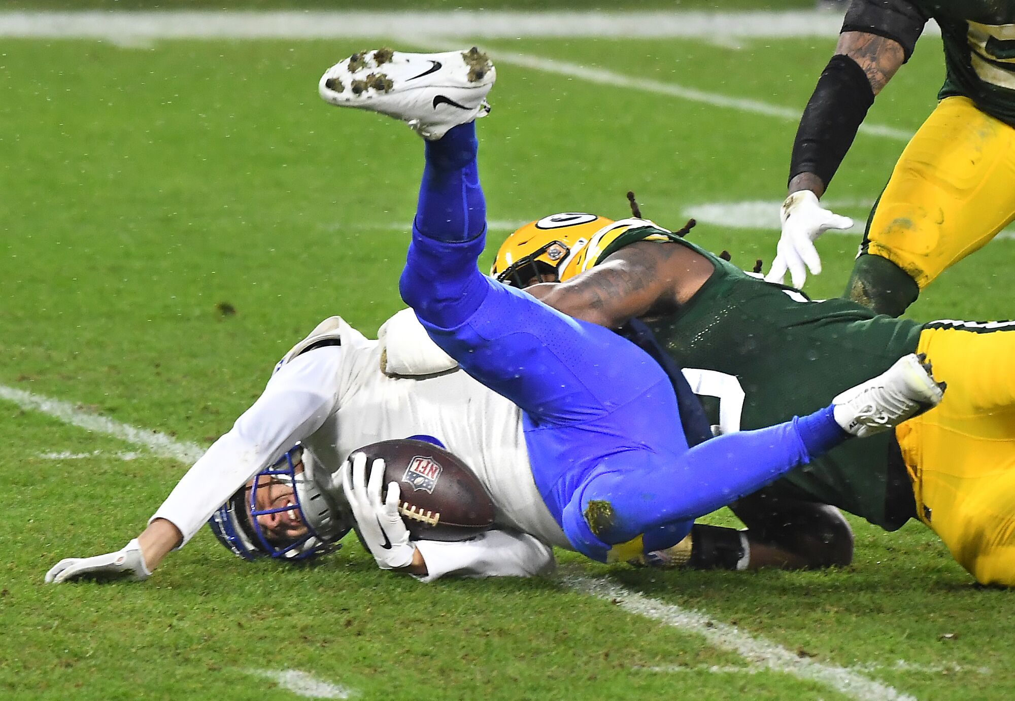 Rams quarterback Jared Goff is sacked by Packers linebacker Za'Darius Smith.